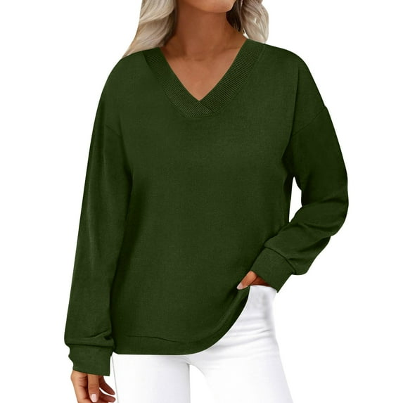 Womens Sweatshirts, Ribbed Knit V-Neck Pullover Tops for Women Travel Vacation Winter Warm Fleece Solid Color Long Sleeve Shirts