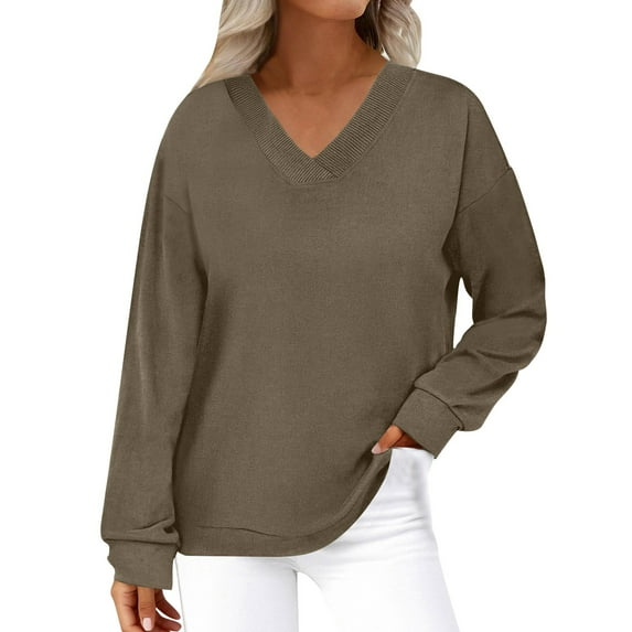 Womens Sweatshirts, Ribbed Knit V-Neck Pullover Tops for Women Travel Vacation Winter Warm Fleece Solid Color Long Sleeve Shirts