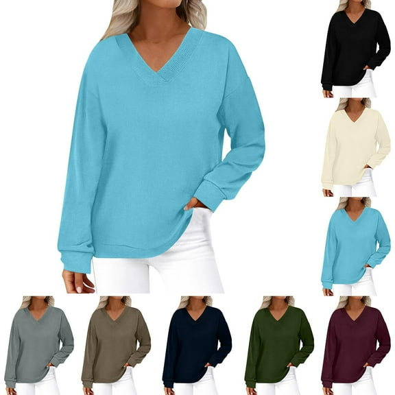 Womens Sweatshirts, Ribbed Knit V-Neck Pullover Tops for Women Travel Vacation Winter Warm Fleece Solid Color Long Sleeve Shirts