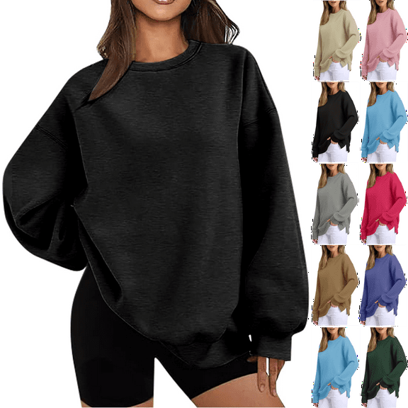 Womens Sweatshirts Round Neck Black Long Sleeved Casual Solid Color Embroidered With Collar Fall Winter Clothes