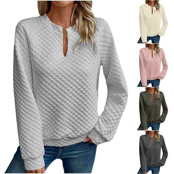 Womens Sweatshirts Round Neck Gray Pure Color Splicing Long Sleeved Casual Without Cap Fall Winter Clothes