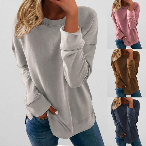 Womens Sweatshirts Round Neck Gray Solid Color Long Sleeve Hoodless Loose Blouse Fall Winter Clothes
