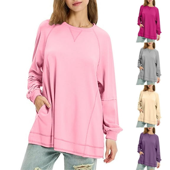 Womens Sweatshirts Round Neck Pink Long Sleeved Patchwork Solid Color Loose Casual Fall Winter Clothes