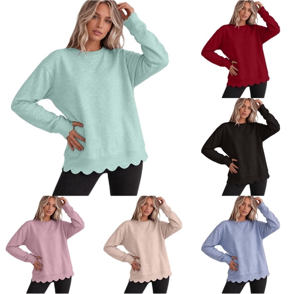 Womens Sweatshirts Scalloped Crew Neck Loose Fit Solid Color Shoulder Long Sleeve Pullover Soft Casual Layering