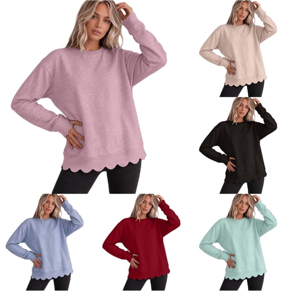 Womens Sweatshirts Scalloped Crew Neck Loose Fit Solid Color Shoulder Long Sleeve Pullover Soft Casual Layering