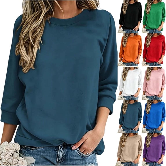 Womens Sweatshirts Solid Color Round Neck 3/4 Sleeve Loose Sweatshirt Fall Winter Fashionable Casual Lounge Travel Sweatshirt