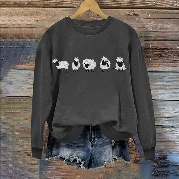 Womens Sweatshirts Trendy Round Neck Printed Hoodie Long Sleeved Loose fit Breathable pullover Hoodie Tops Dark Gray M