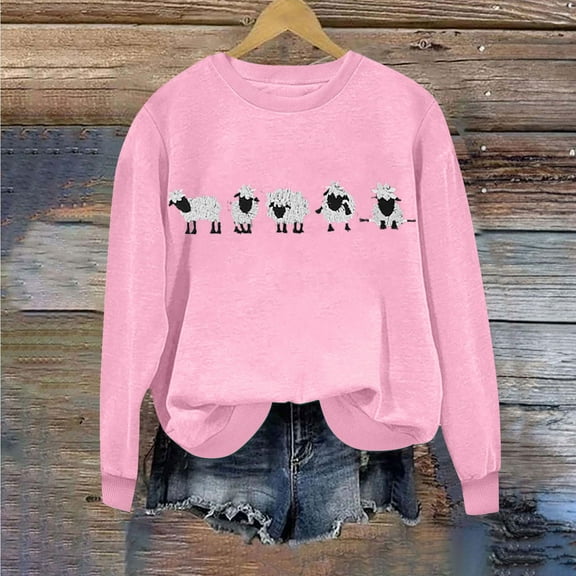 Womens Sweatshirts Trendy Round Neck Printed Hoodie Long Sleeved Loose fit Breathable pullover Hoodie Tops Pink XL