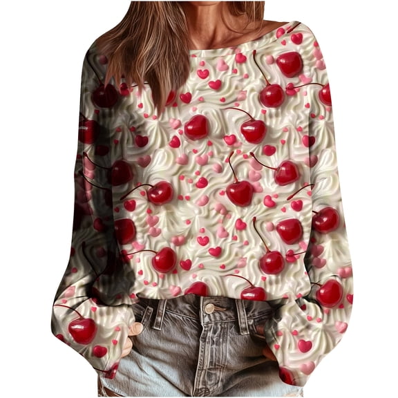 Womens Sweatshirts Valentine's Day Casual Printed Round-Neck Long Sleeve Fashion Pullover Top