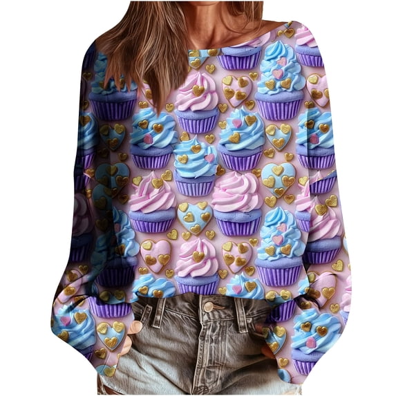 Womens Sweatshirts Valentine's Day Casual Printed Round-Neck Long Sleeve Fashion Pullover Top