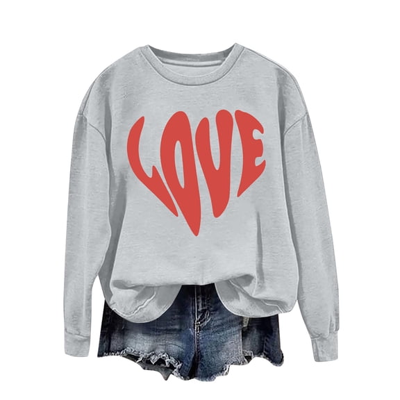 Womens Sweatshirts Valentine's Day Couples Matching for Women Heart Print Crewneck Long Sleeve Fall Winter Hoodless Pullover Women Hoodie Grey XXL