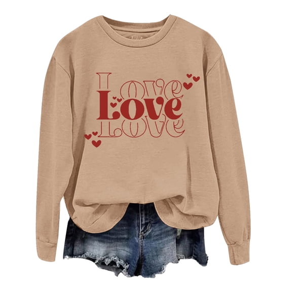 Womens Sweatshirts Valentine's Day Couples Matching for Women Letter Print Crewneck Long Sleeve Warm Hoodless Pullover Womens Hoodie Khaki XXL