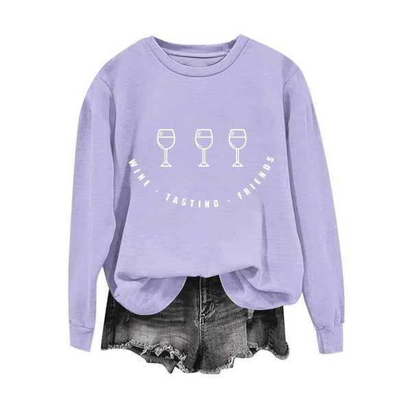Womens Sweatshirts Wine Glass Printed Long Sleeved Loose Casual Sweatshirt Purple M,Sweatshirts Jacket for Women
