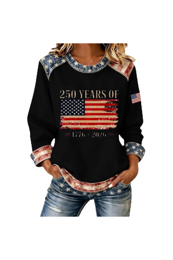 Womens Sweatshirts Women's 250th Anniversary Print Sweatshirt Without Hood Crew Neck Long Sleeve Casual Pullover Black L