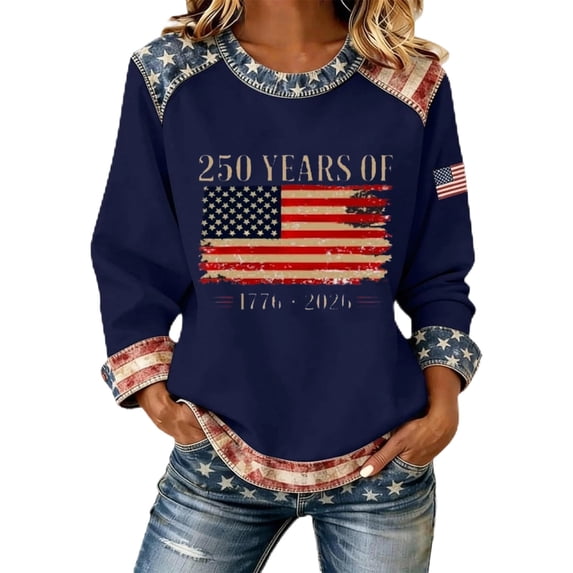 Womens Sweatshirts Women's 250th Anniversary Print Sweatshirt Without Hood Crew Neck Long Sleeve Casual Pullover Blue L