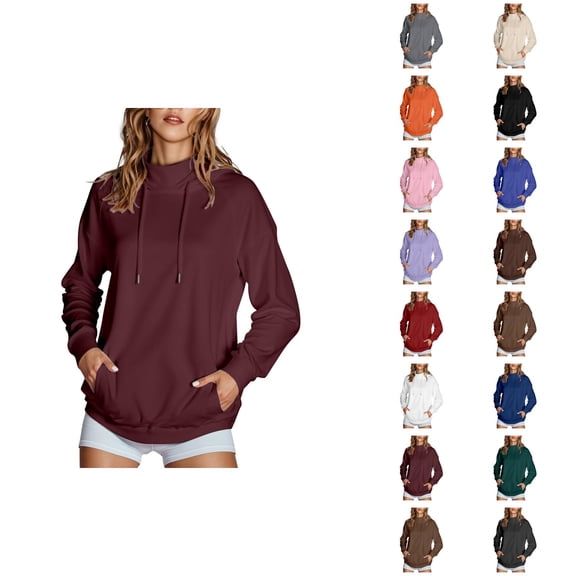 Womens Sweatshirts Women's Solid Color Sweatshirt 2025 Women's Solid Color High Collar Hoodie With Side Pockets Non Velvet