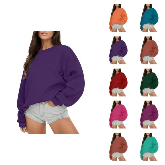 Womens Sweatshirts Women's Solid Color Sweatshirt Women Long Sleeve Sweatshirt Comfortable Crewneck Loose Fit Pollover Hoodie Fall Tops