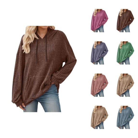 Womens Sweatshirts Women's Solid Color Sweatshirt Women's Hooded Sweatshirt Long Sleeve Ribbed Pullover Casual Loungewear Soft Cozy Comfortable Warm Winter Fall Spring Outerwear