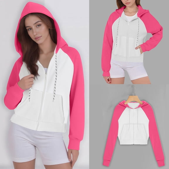 Womens Sweatshirts, Women's Zip Up Hoodies Sweatshirts Clothes Teen Girl Fall Casual Drawstring Jackets With Pockets Overcoat, Hot Pink XXL