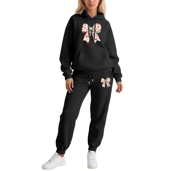 Womens Sweatsuit Bow Print Valentine's Day Tracksuit Hooded Top and Joggers Set Soft Warm Two Piece Lounge Wear for Home Women Sweatsuit Black L