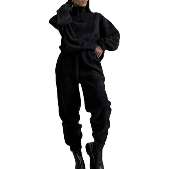 Womens Sweatsuits 2 Piece Outfits Lounge Sets Half Zip Pullover and Baggy Sweatpants with Pockets Black XL