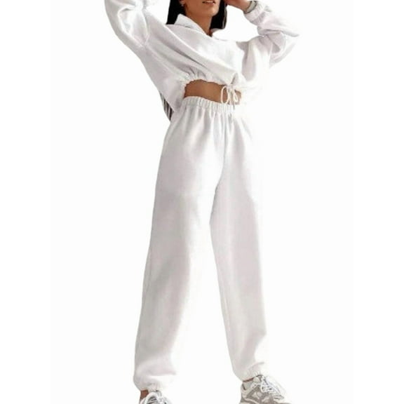 Womens Sweatsuits 2 Piece Outfits Lounge Sets Half Zip Pullover and Baggy Sweatpants with Pockets White XL
