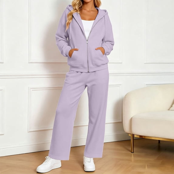 Womens Sweatsuits 2 Piece Set 2026 Casual Winter Long Sleeve Hoodie Loose Wide Leg Sweatpants Fall Tracksuit Workout Travel Tracksuit(Light Purple,XXL)