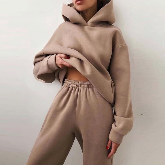 Womens Sweatsuits 2 Piece Set Casual Winter Long Sleeve Hoodie Loose Wide Leg Sweatpants Fall Tracksuit Solid Color Casual Thickened Sports Hoodie Set Coffee-Colored L