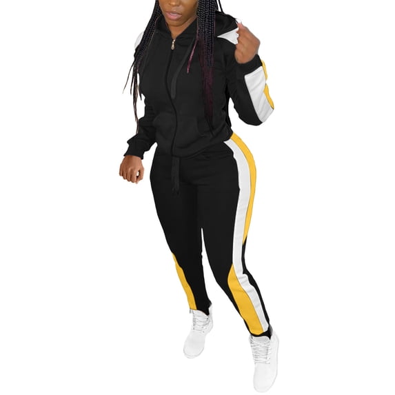 Womens Sweatsuits 2 Piece Set Contrast Color Long Sleeved Zipper Top Tight Pants Jogging Suit Sports Tracksuit Sets (3XL, Black)