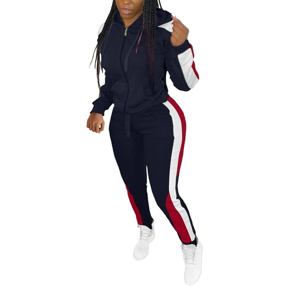 Womens Sweatsuits 2 Piece Set Contrast Color Long Sleeved Zipper Top Tight Pants Jogging Suit Sports Tracksuit Sets (S, Navy)