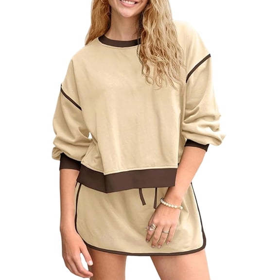 Womens Sweatsuits 2 Piece Set Crewneck Sweatshirts High Waisted Skort Skirts Running Tracksuits Shorts Set Khaki S