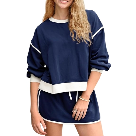 Womens Sweatsuits 2 Piece Set Crewneck Sweatshirts High Waisted Skort Skirts Running Tracksuits Shorts Set Navy Blue L