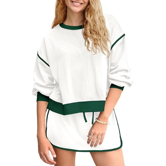 Womens Sweatsuits 2 Piece Set Crewneck Sweatshirts High Waisted Skort Skirts Running Tracksuits Shorts Set White XL