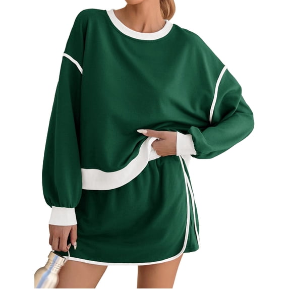 Womens Sweatsuits 2 Piece Set Crewneck Sweatshirts High Waisted Skort Skirts Tennis Running Tracksuits Shorts Sets