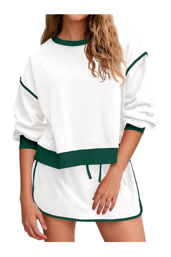Womens Sweatsuits 2 Piece Set Crewneck Sweatshirts High Waisted Skort Skirts Tennis Running Tracksuits Shorts Sets