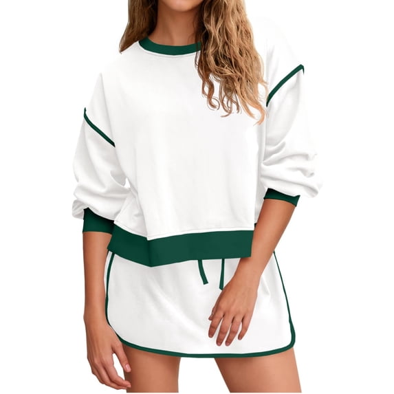 Womens Sweatsuits 2 Piece Set Crewneck Sweatshirts High Waisted Skort Skirts Tennis Running Tracksuits Shorts Sets