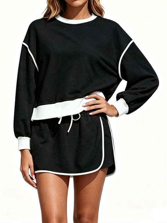 Womens Sweatsuits 2 Piece Set Crewneck Sweatshirts High Waisted Skort Skirts Tennis Running Tracksuits Shorts Sets