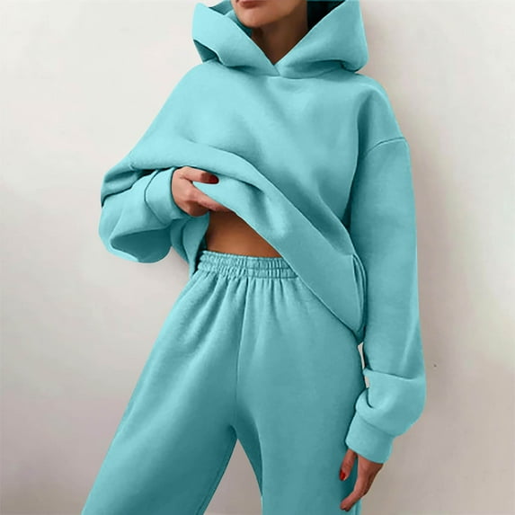 Womens Sweatsuits 2 Piece Set Fashion Clothing Winter Oversized Long Sleeve Hoodie Sweatpants Fall Tracksuits Cyan S