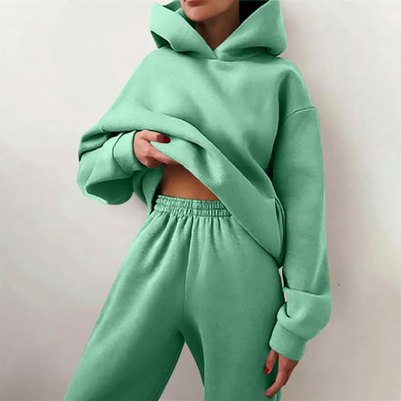 Womens Sweatsuits 2 Piece Set Fashion Clothing Winter Oversized Long Sleeve Hoodie Sweatpants Fall Tracksuits Green XL