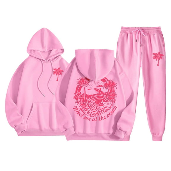 Womens Sweatsuits 2 Piece Set Fleece Solid Color Long Sleeve Hooded Sweatshirts and Pants Casual Fall Comfy Fashion Tracksuit Sets