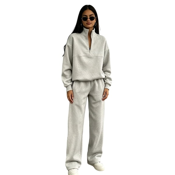 Womens Sweatsuits 2 Piece Set Half Zip Stand Collar Pullover & Straight Leg Pants Fall Lounge Sweatsuit Sets Casual Athletic Tracksuit Light Gray XXXL