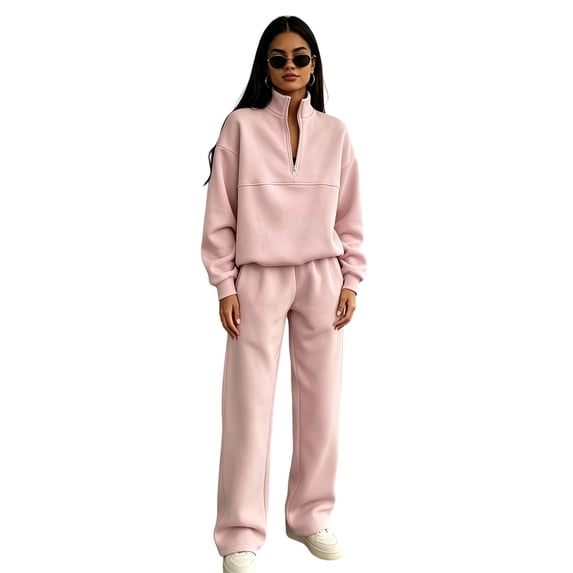 Womens Sweatsuits 2 Piece Set Long Sleeve Half Zip Sweatsuits Lounge Wide Leg Pants Tracksuit Vacation Fall Outfits Pink XXL