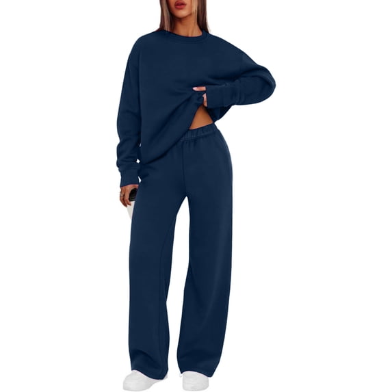TOMVIGX Womens Sweatsuits 2 Piece Set Loose Fit Matching Lounge Sets Fall Fashion 2026 Vacation Outfits Crewneck Sweatshirt Wide Leg Sweatpants with Pockets Navy XL