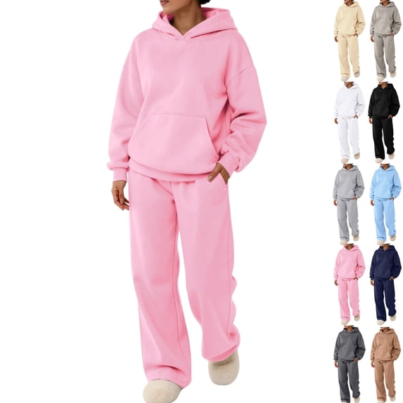 Womens Sweatsuits 2 Piece Set Lounge Y2k Outfits for Women Fall Winter Fashion Long Sleeve Pullover Hoodies Drawstring Wide Leg Sweatpants Tracksuit Pink XL