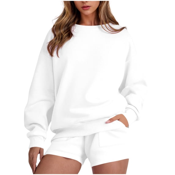 Womens Sweatsuits 2 Piece Set Oversized Crewneck Sweatshirt and Shorts Solid Color Tracksuit Two Piece Workout Sets for Women