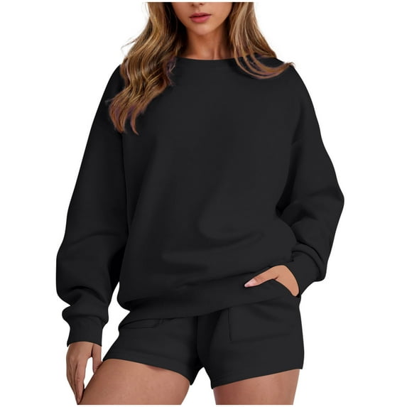 Womens Sweatsuits 2 Piece Set Oversized Crewneck Sweatshirt and Shorts Solid Color Tracksuit Two Piece Workout Sets for Women