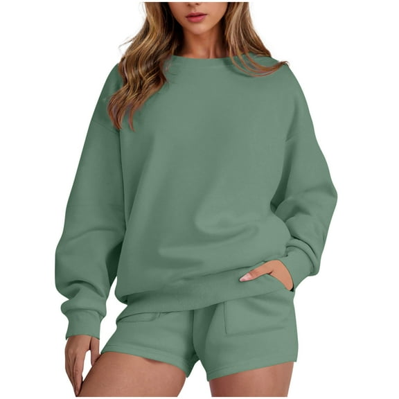 Womens Sweatsuits 2 Piece Set Oversized Crewneck Sweatshirt and Shorts Solid Color Tracksuit Two Piece Workout Sets for Women