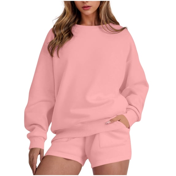 Womens Sweatsuits 2 Piece Set Oversized Crewneck Sweatshirt and Shorts Solid Color Tracksuit Two Piece Workout Sets for Women