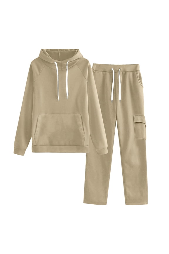 Womens Sweatsuits 2 Piece Sets Drawstring Raglan Hoodies Cargo Sweatpants Wide Leg Track Suits Fall Clothes, S