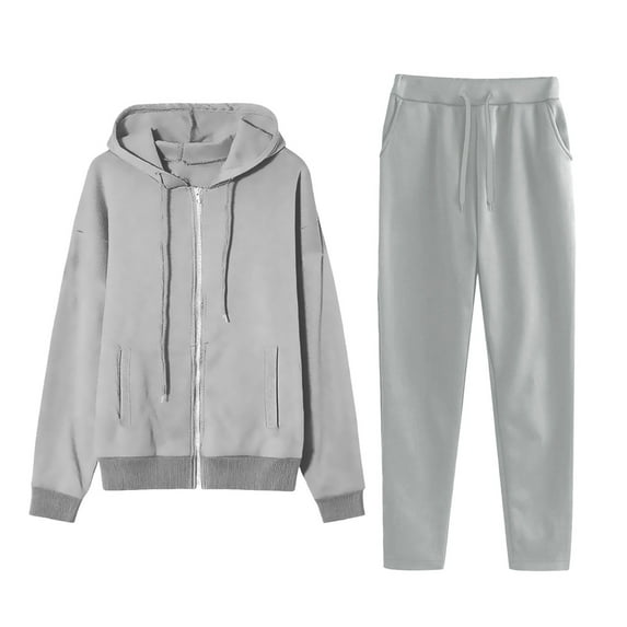 Womens Sweatsuits 2 Piece Solid Color Casual Long Sleeve Zip Up Hoodie Drawstring Sweatpants Jogging Sports Set (XL, Gray)